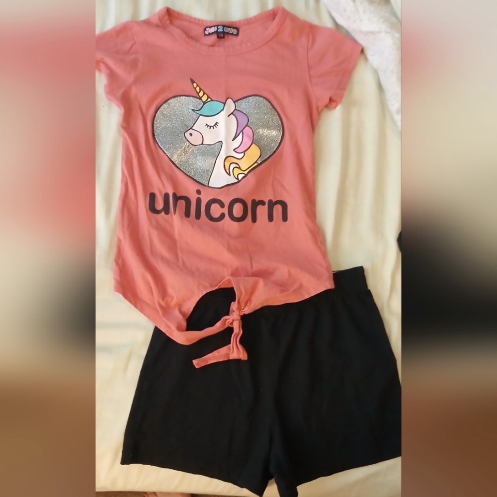 Unicorn Tee and Black Athletic Shorts Set - 8